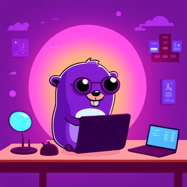 Happy feminine purple programmer go blue gopher