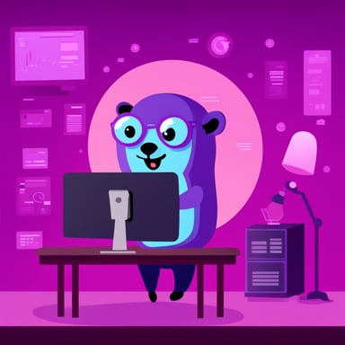 Happy feminine purple programmer go blue gopher
