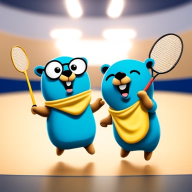Two happy Go Blue Gopher playing badminton.