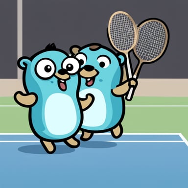 Two happy Go Blue Gopher playing badminton.
