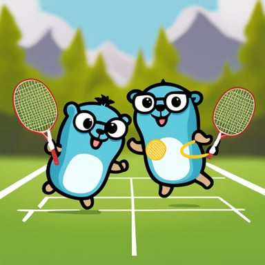 Two happy Go Blue Gopher playing badminton.