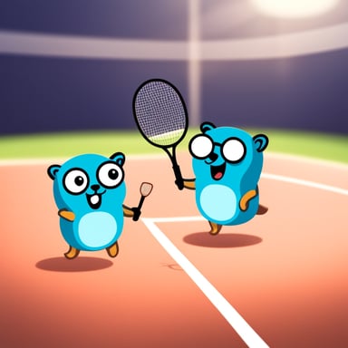 Two happy Go Blue Gopher playing badminton.