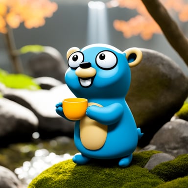 Go Blue Gopher having a cup of tea in a Japanese garden.