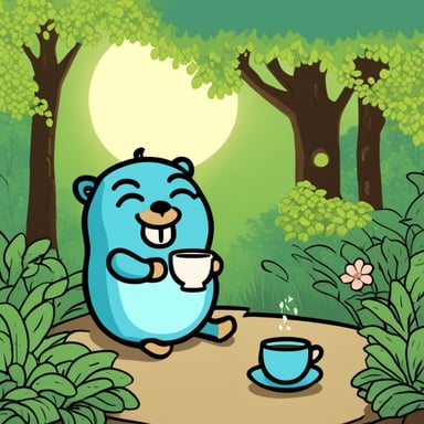 Go Blue Gopher having a cup of tea in a Japanese garden.