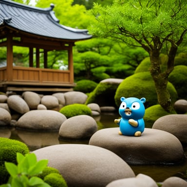 Go Blue Gopher having a cup of tea in a Japanese garden.