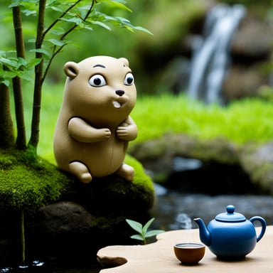 Go Blue Gopher having a cup of tea in a Japanese garden.