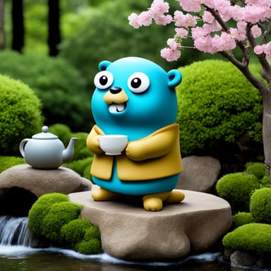 Go Blue Gopher is enjoying a peaceful moment, having a cup of tea in a serene Japanese garden.