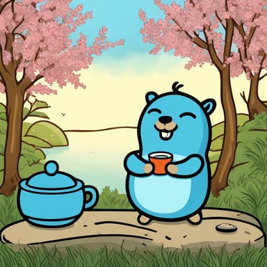 Go Blue Gopher is enjoying a peaceful moment, having a cup of tea in a serene Japanese garden.