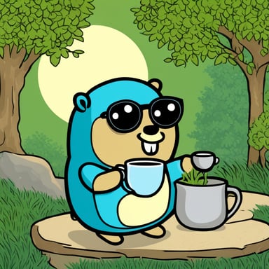 Go Blue Gopher is enjoying a peaceful moment, having a cup of tea in a serene Japanese garden.