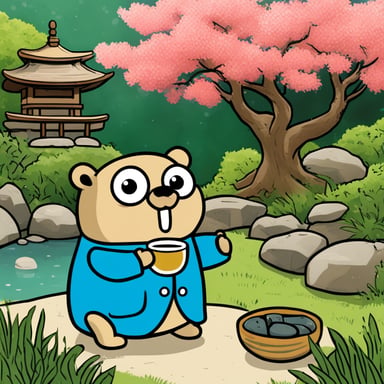 Go Blue Gopher is enjoying a peaceful moment, having a cup of tea in a serene Japanese garden.