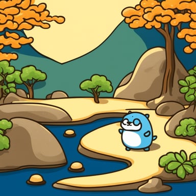 Go Blue Gopher drinking tea in a Japanese dry Zen garden.