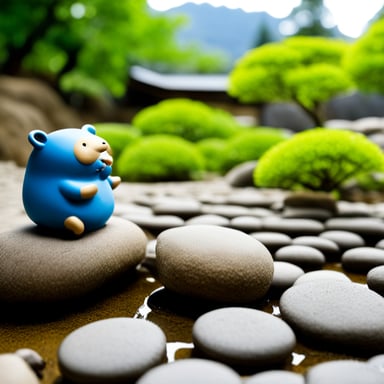 Go Blue Gopher drinking tea in a Japanese dry Zen garden.