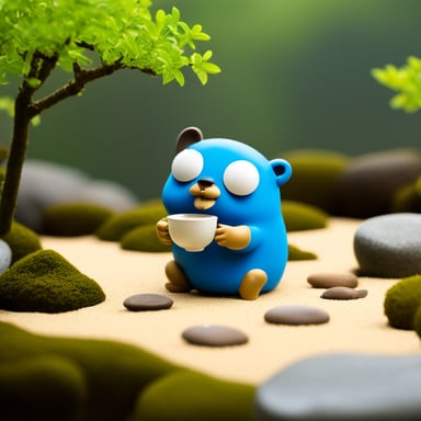 Go Blue Gopher drinking tea in a Japanese dry Zen garden.