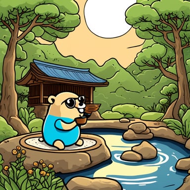 Go Blue Gopher drinking tea in a Japanese dry Zen garden.