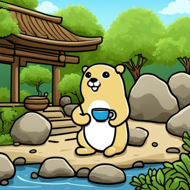 Go Blue Gopher is enjoying a peaceful moment drinking tea in a Japanese Zen garden.