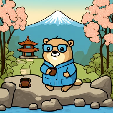 Go Blue Gopher is enjoying a peaceful moment drinking tea in a Japanese Zen garden.