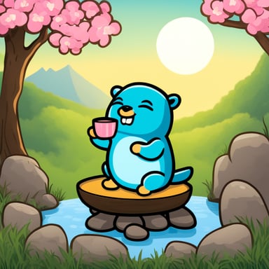 Go Blue Gopher is enjoying a peaceful moment drinking tea in a Japanese Zen garden.