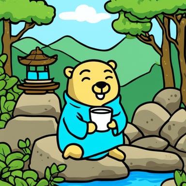 Go Blue Gopher is enjoying a peaceful moment drinking tea in a Japanese Zen garden.