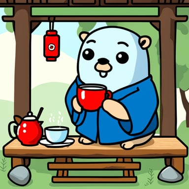 Go Blue Gopher is drinking tea in a Shinto shrine.