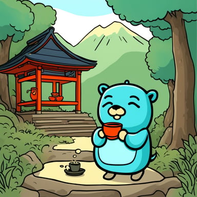 Go Blue Gopher is drinking tea in a Shinto shrine.