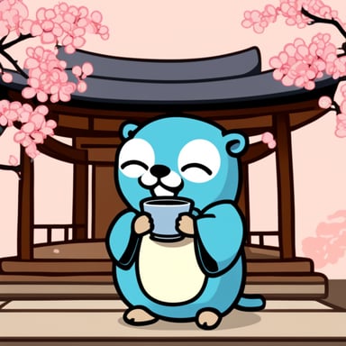 Go Blue Gopher is drinking tea in a Shinto shrine.