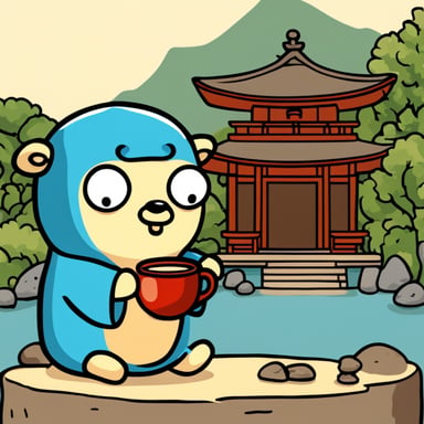 Go Blue Gopher is drinking tea in a Shinto shrine.