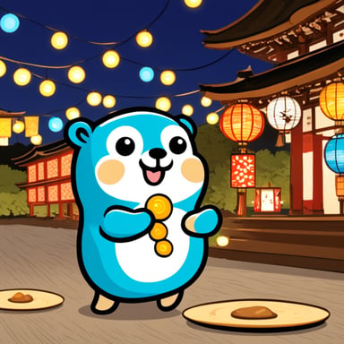 Happy Go Blue Gopher enjoying a Japanese Shinto Matsuri shrine festival.