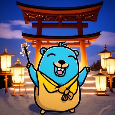 Happy Go Blue Gopher enjoying a Japanese Shinto Matsuri shrine festival.