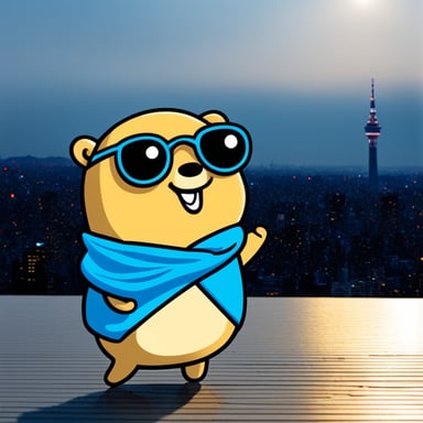 Happy Go Blue Gopher standing in front of Tokyo Sky Tree.