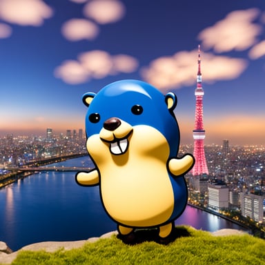 Happy Go Blue Gopher standing in front of Tokyo Sky Tree.