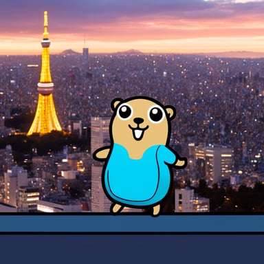 Happy Go Blue Gopher standing in front of Tokyo Sky Tree.