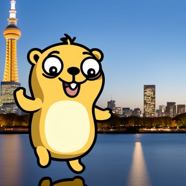 Happy Go Blue Gopher standing in front of Tokyo Sky Tree.