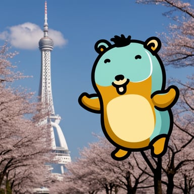 Happy Go Blue Gopher standing in front of Tokyo Sky Tree.
