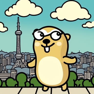 Happy Go Blue Gopher standing in front of Tokyo Sky Tree.