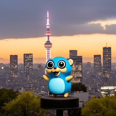 Happy Go Blue Gopher standing in front of Tokyo Sky Tree.