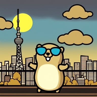 Happy Go Blue Gopher standing in front of Tokyo Sky Tree.