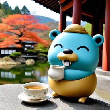 Go Blue Gopher drinking tea at Kinkakuji.