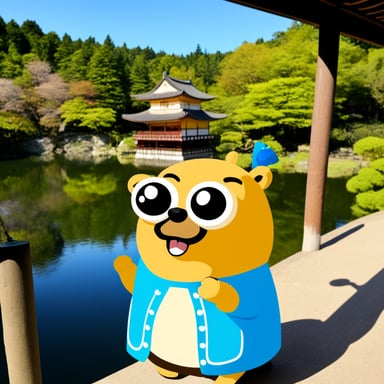 Go Blue Gopher drinking tea at Kinkakuji.