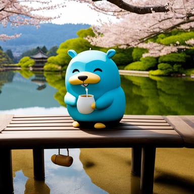 Go Blue Gopher drinking tea at Kinkakuji.