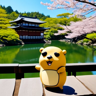Go Blue Gopher drinking tea at Kinkakuji.