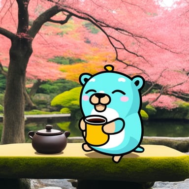 Go Blue Gopher drinking tea at Kinkakuji.
