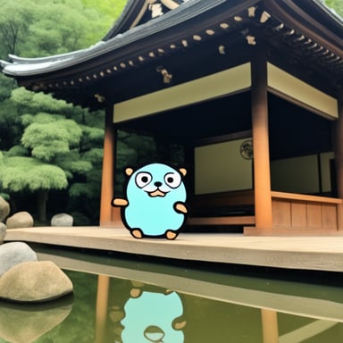 Go Blue Gopher drinking tea at Kinkakuji.