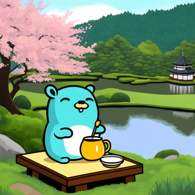 Go Blue Gopher drinking tea at Kinkakuji.