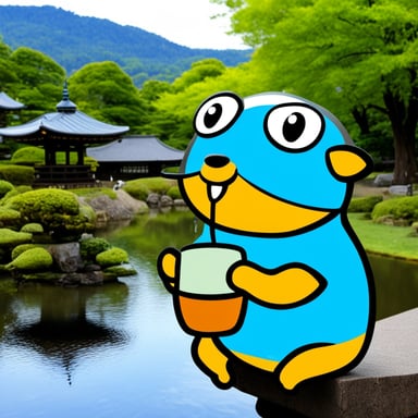 Happy Go Blue Gopher drinking tea at the pond of Kenrokuen in Kanazawa, with the famous lantern visible in the background.