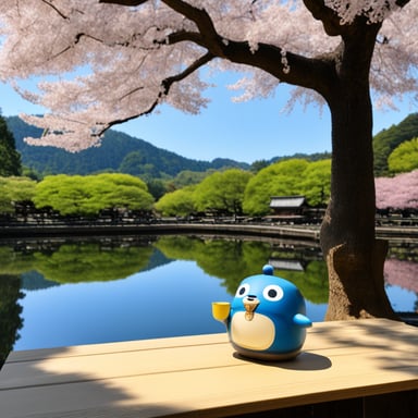 Happy Go Blue Gopher drinking tea at the pond of Kenrokuen in Kanazawa, with the famous lantern visible in the background.