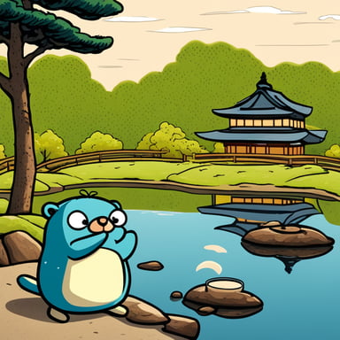 Happy Go Blue Gopher drinking tea at the pond of Kenrokuen in Kanazawa, with the famous lantern visible in the background.