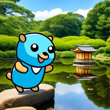 Happy Go Blue Gopher drinking tea at the pond of Kenrokuen in Kanazawa, with the famous lantern visible in the background.