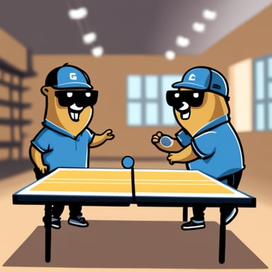 Two Go Blue Gophers playing pingpong.