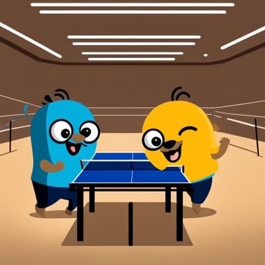 Two Go Blue Gophers playing pingpong.
