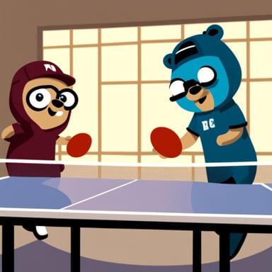 Two Go Blue Gophers are playing pingpong.